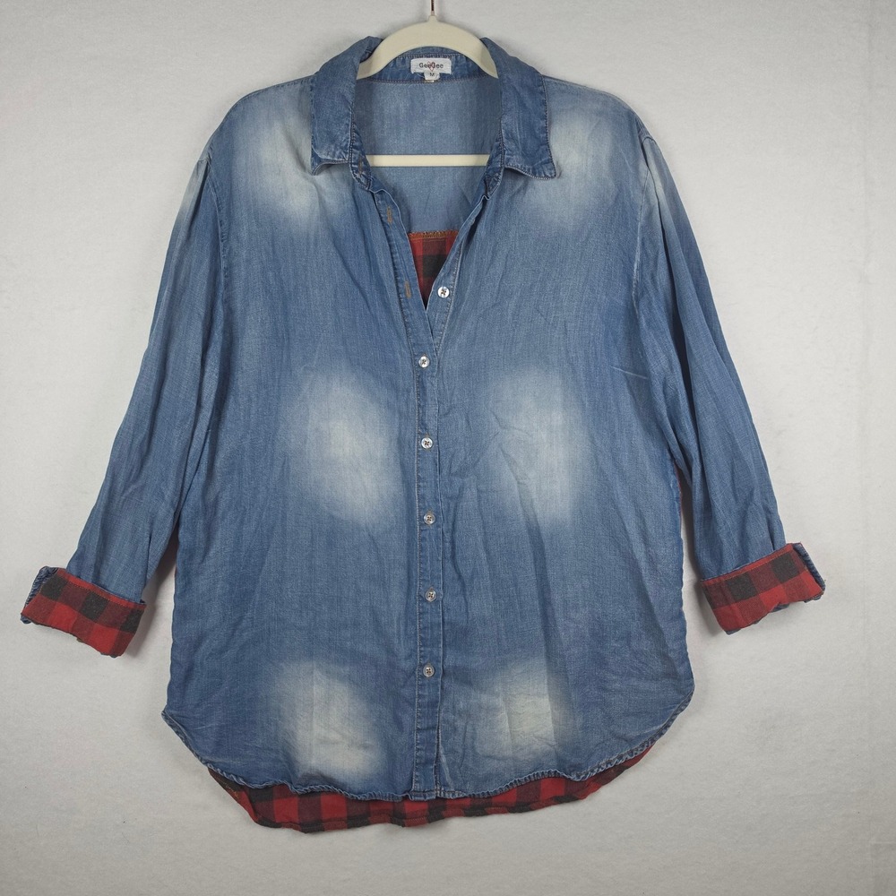 GeeGee Vintage Wash Denim Buffalo Plaid Shirt M Blue Red Button Down